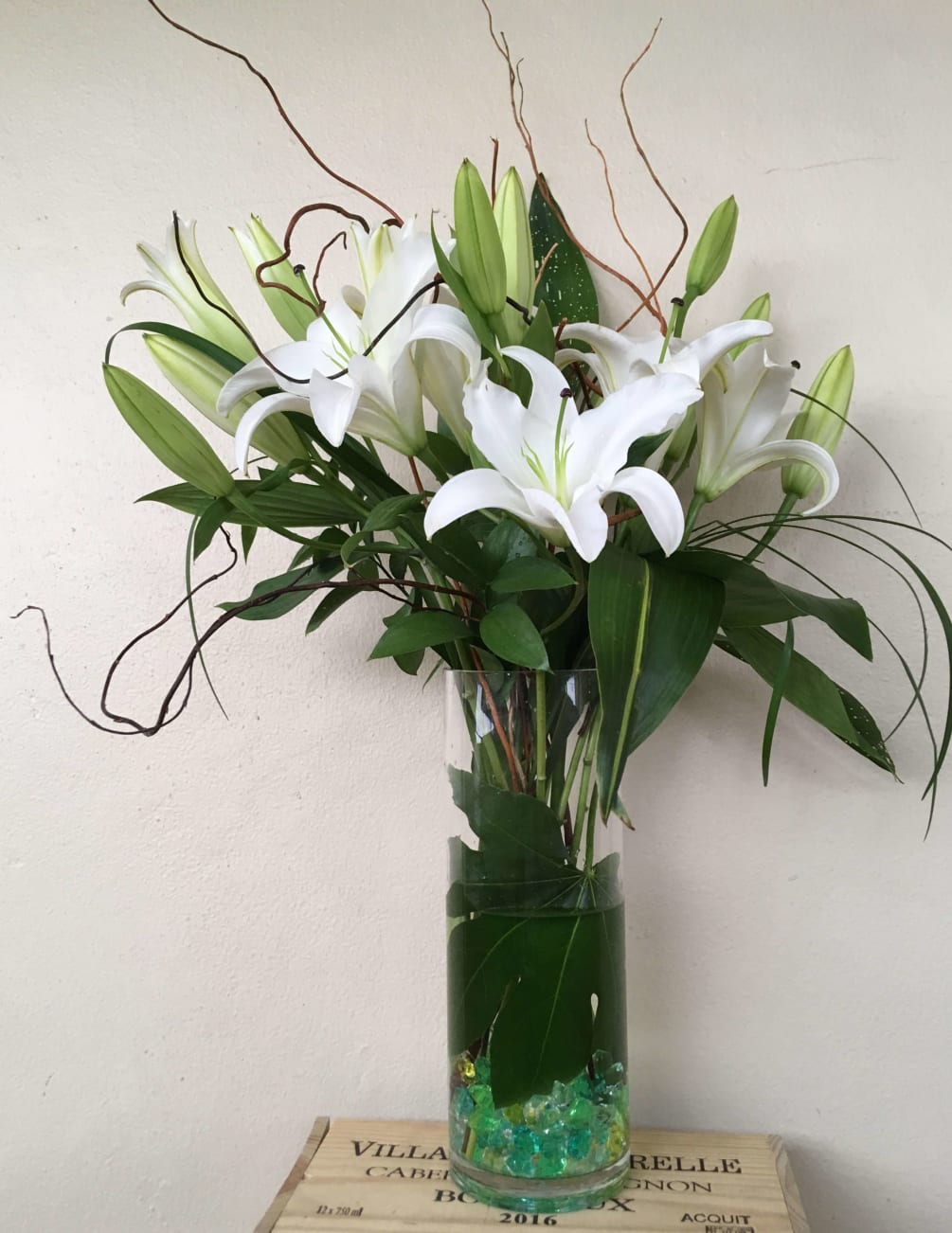 3 White Lilies , green in glass vase  .DeLux - 5
