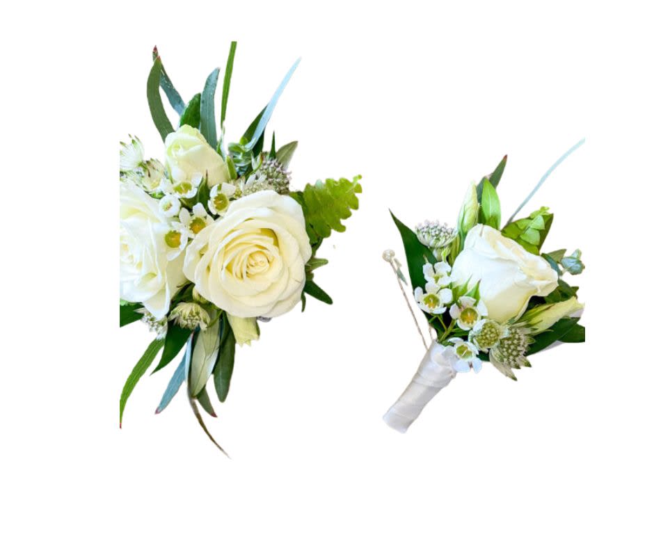 Boutonniere&#039;s and corsage can vary colors of your choice