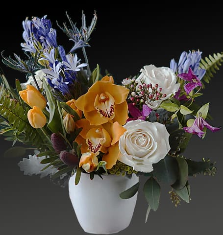 This arrangement infuses rich shades of Snow White, Cadmium yellow, and Cerulean