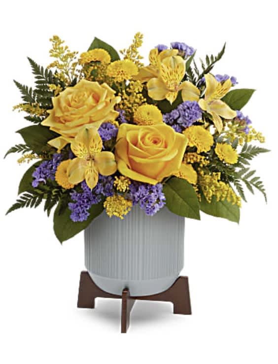 Cool and contemporary meets bright and fun! Cheerful yellow roses get a