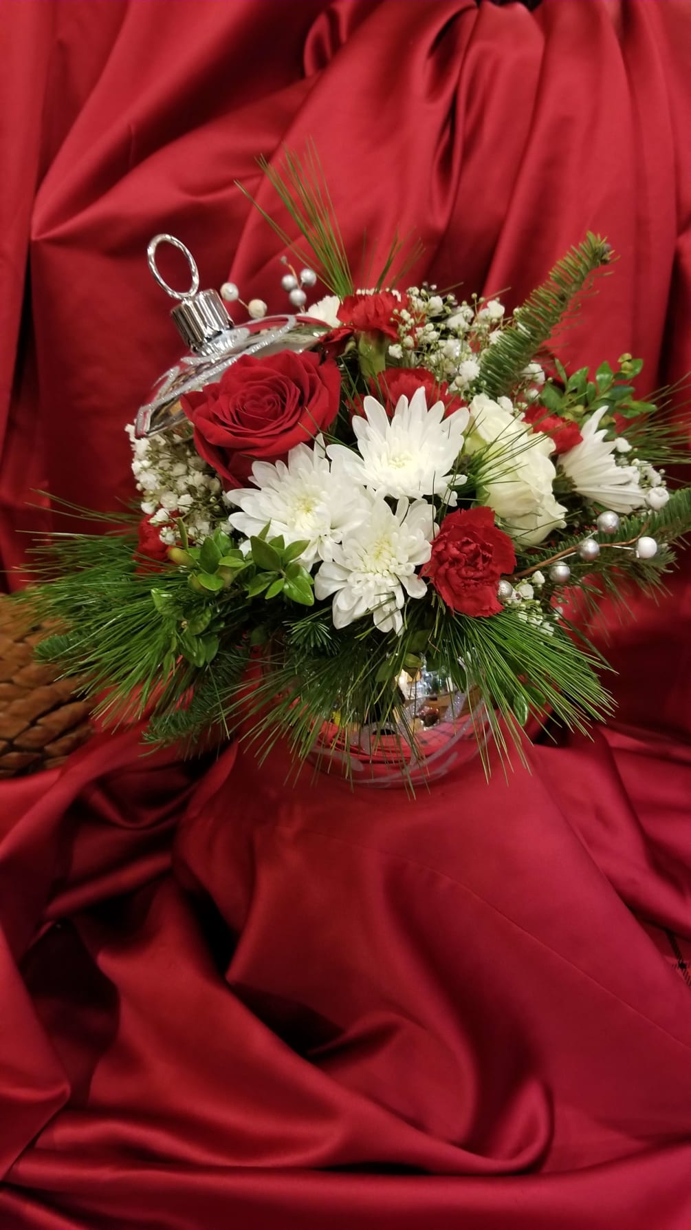 Pam&#039;s Christmas arrangement in Silver container.