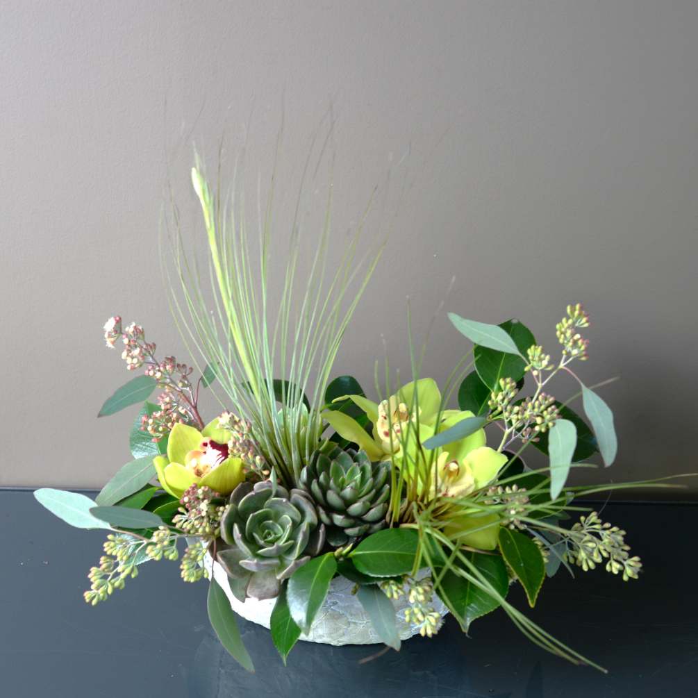This arrangement is a melting pot of tropical orchids, desert loving succulents