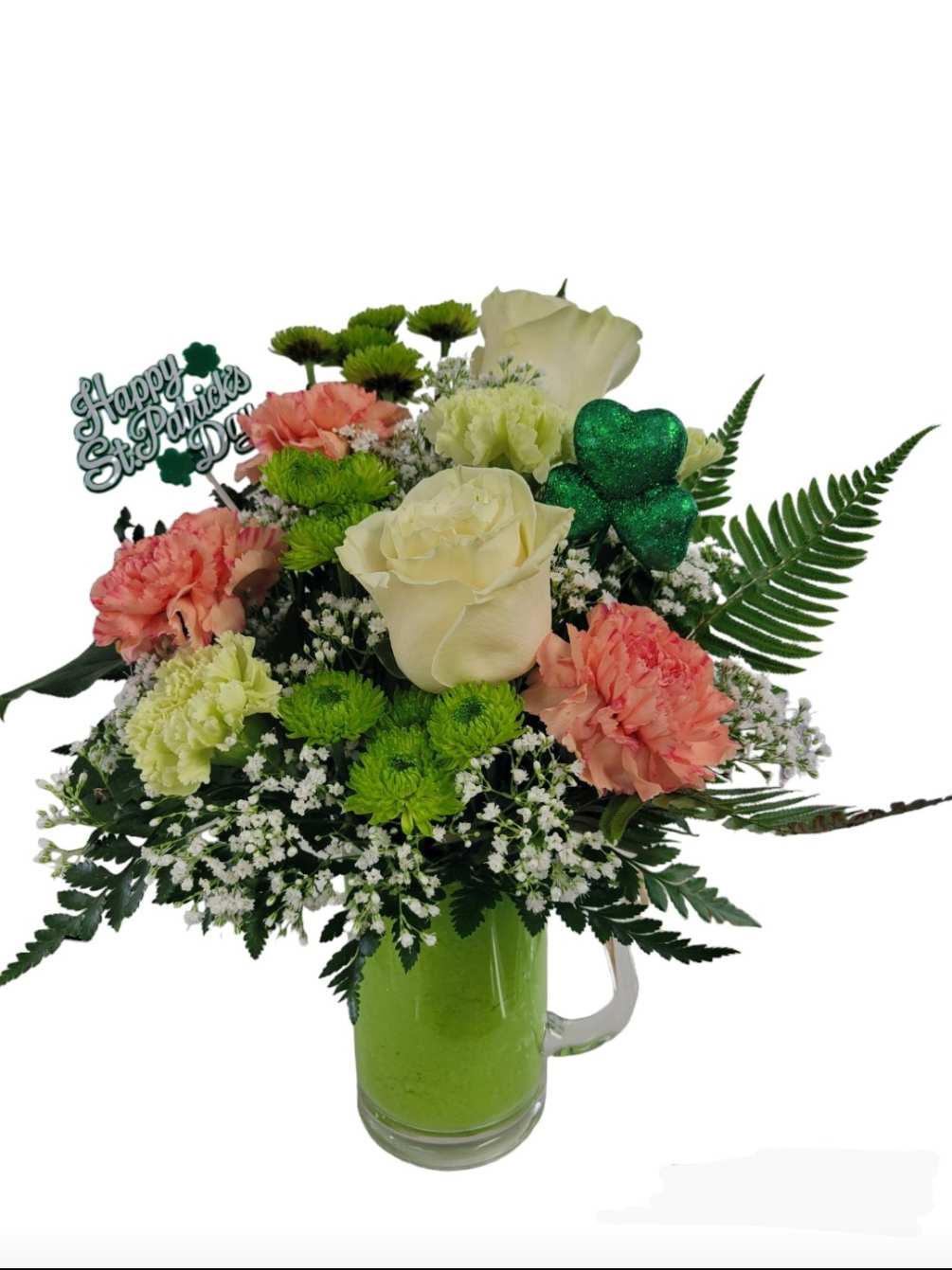 A beer mug filled with fun flowers - green carnations, white roses