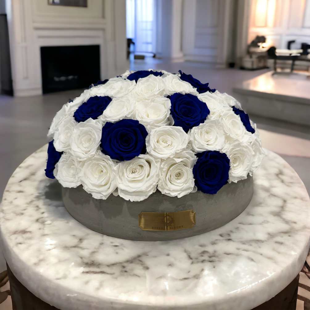 Embrace the elegance of royal blue and white roses in this stunning