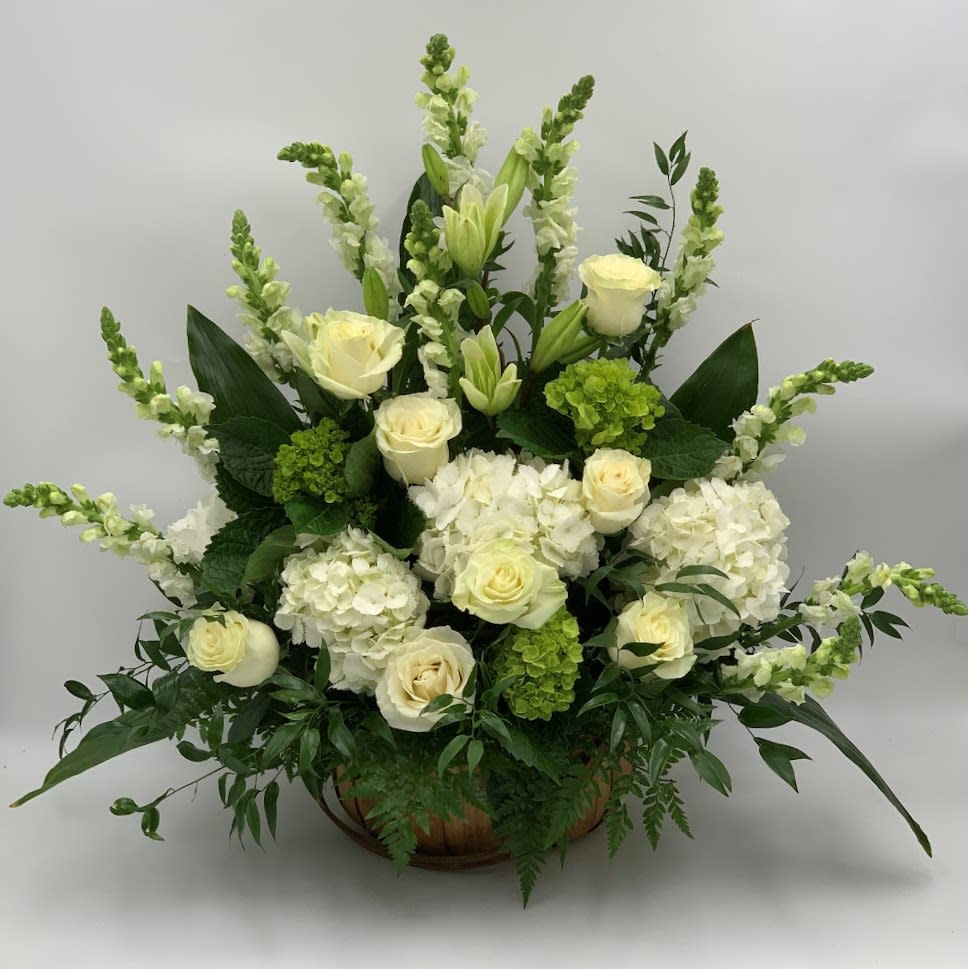 This Basket is a peaceful offering of heartfelt sympathy. white hydrangeas, white