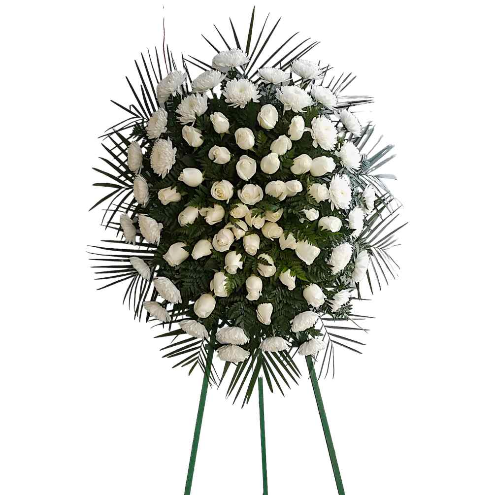 A center of white roses encompassed by large white chrysanthemums. 
This type