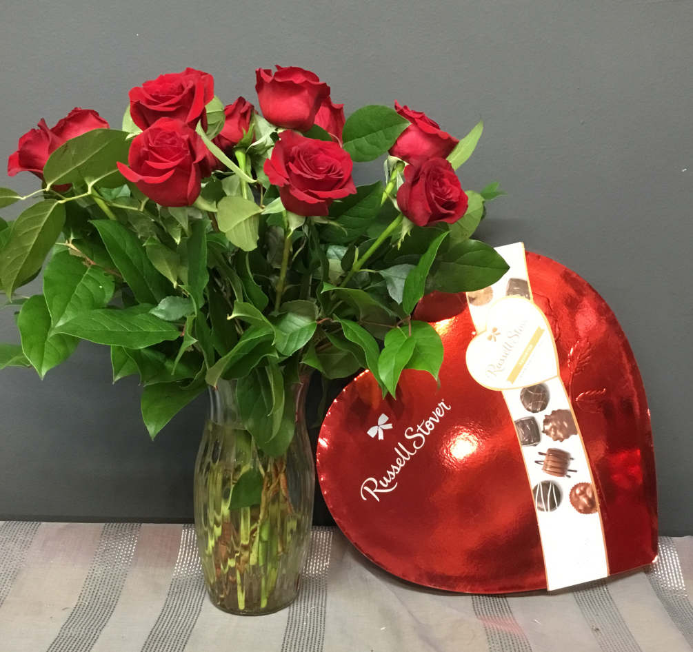 1 Dozen Roses with a 20.1 oz. box of Russell Stover&#039;s Chocolates