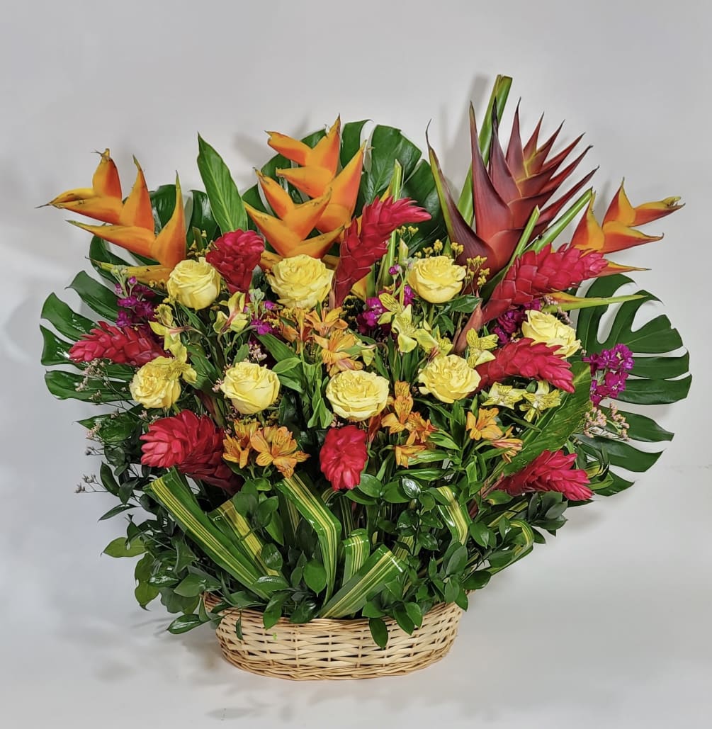 Basket with roses, heliconias, ginger, solidago, alstroemerias, monstera leaf &amp; greenery 

*(this