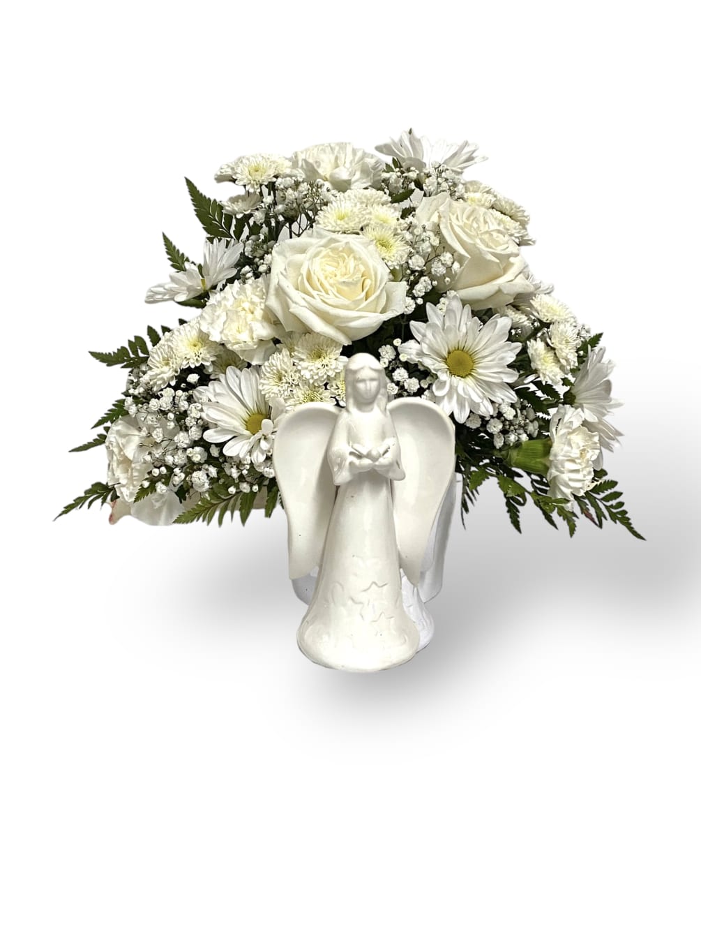 Simply elegant white  arrangement of Roses, carnations daisies, pom-poms, and babies