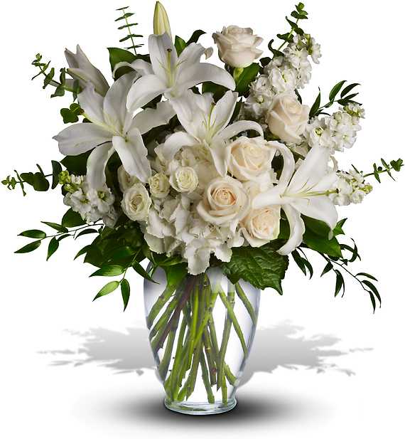 A dreamy bouquet of white sympathy flowers is a comforting reminder of