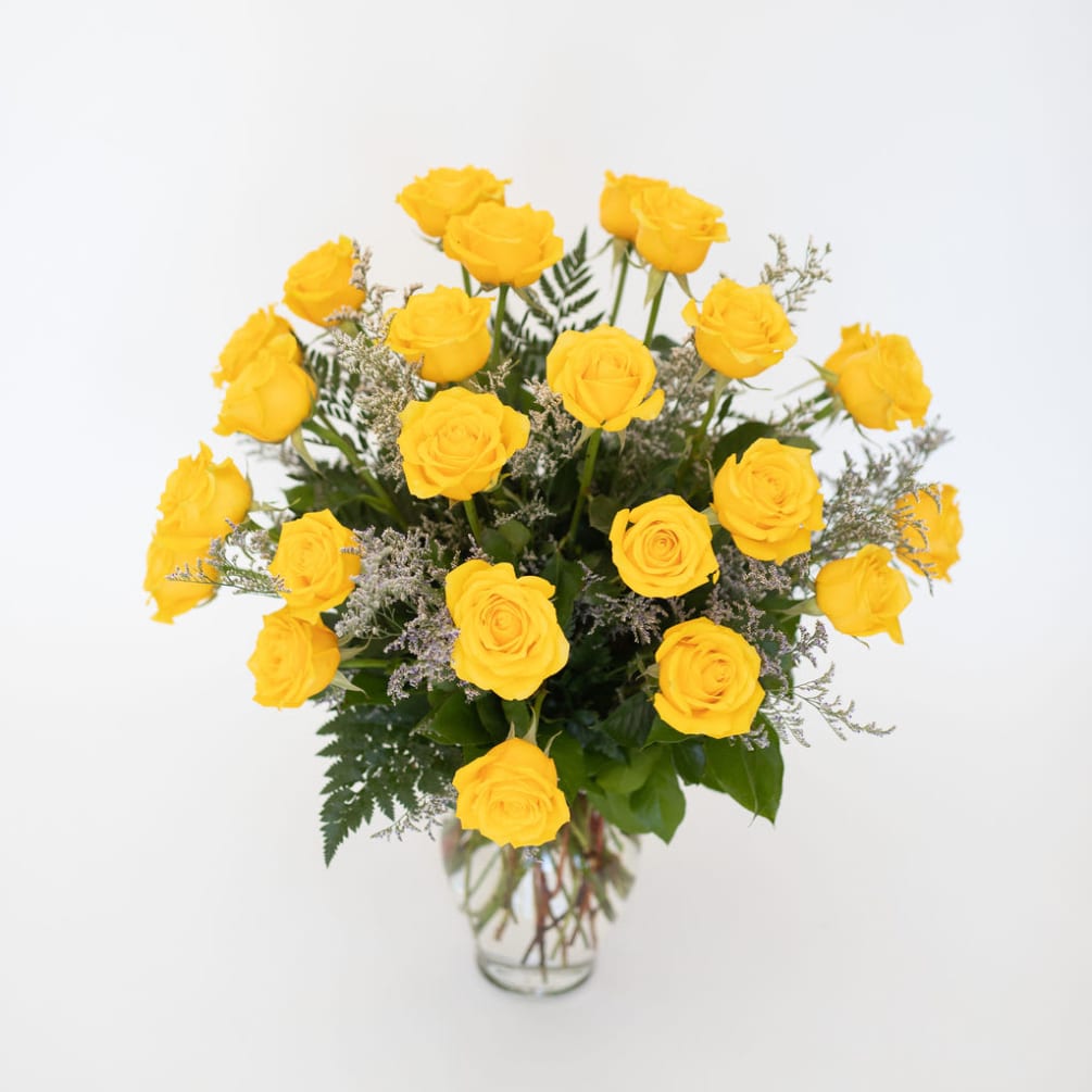 Premium long-stemmed yellow roses - large headed blossoms designed in a vase