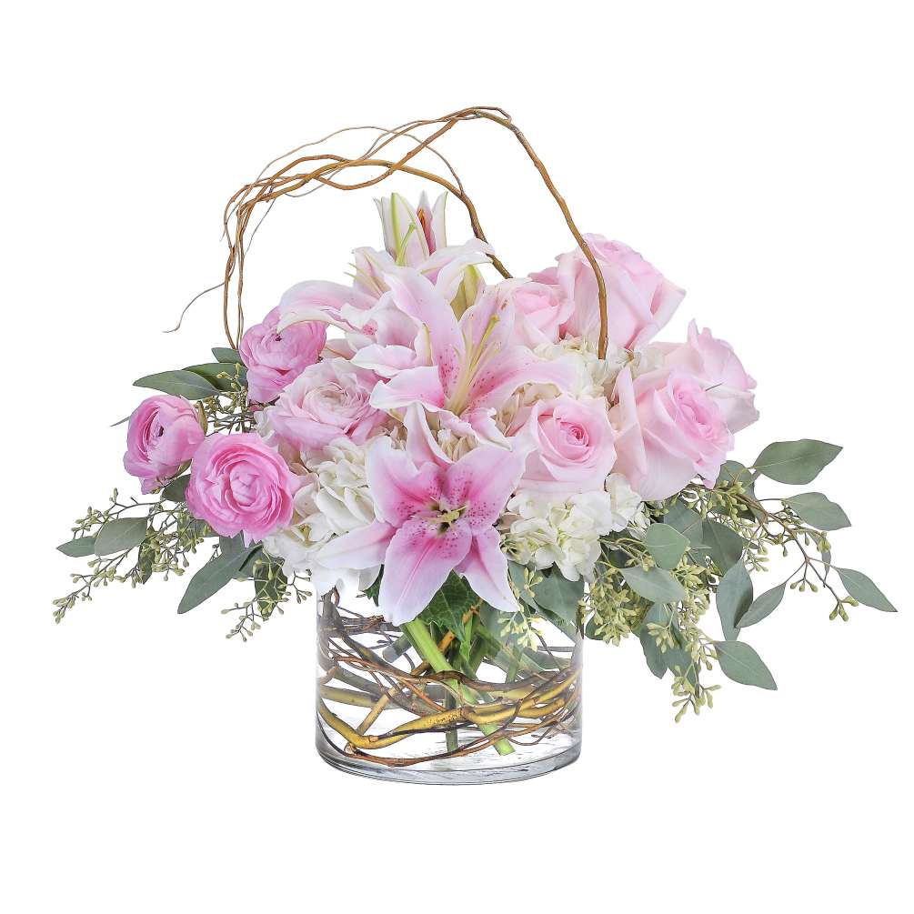In this peaceful and pink design, the curly willow encircles the combination