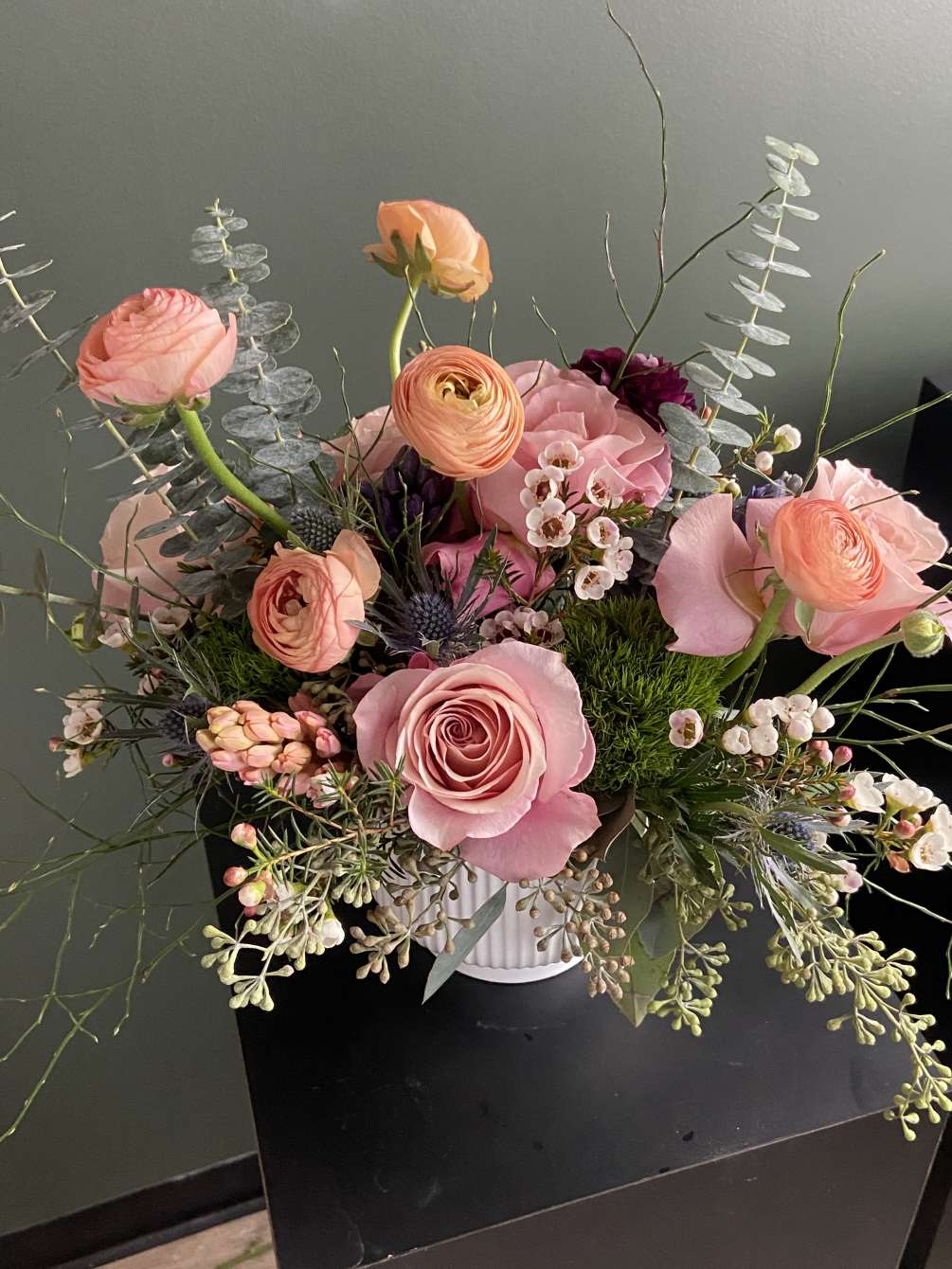 The Wild Ranunculus contained a beautiful assortment of ranunculus, Roses, Wax Flower