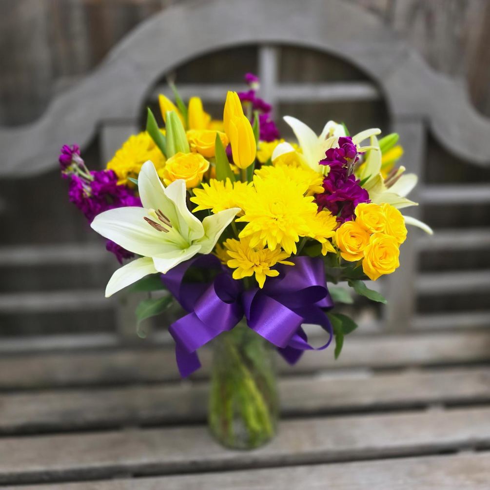 The &quot;Spring Equinox&quot; Bouquet is a wonderful assortment of yellow Daisy, Tulips