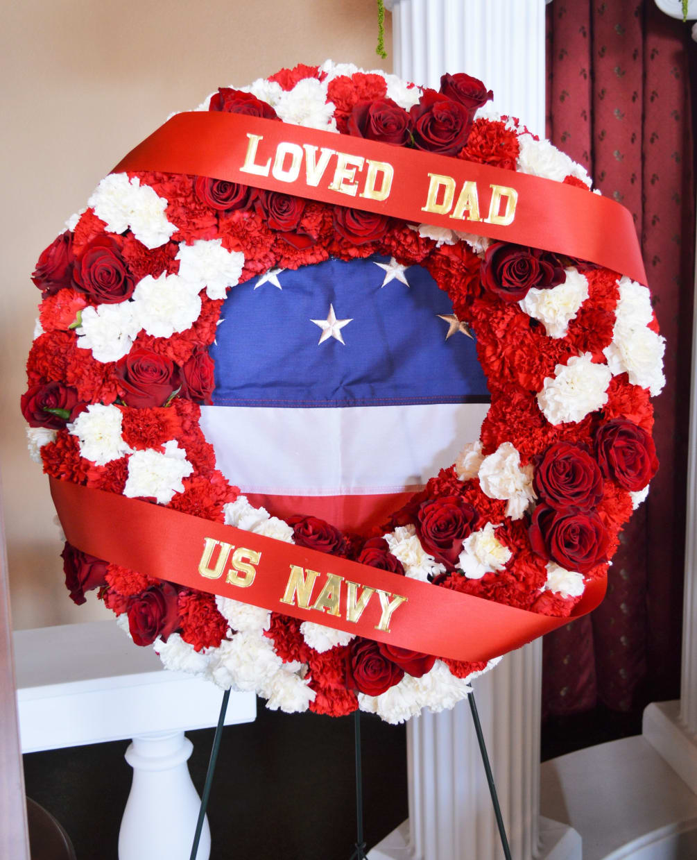 This beautiful wreath includes flag insert and ribbon can be added to