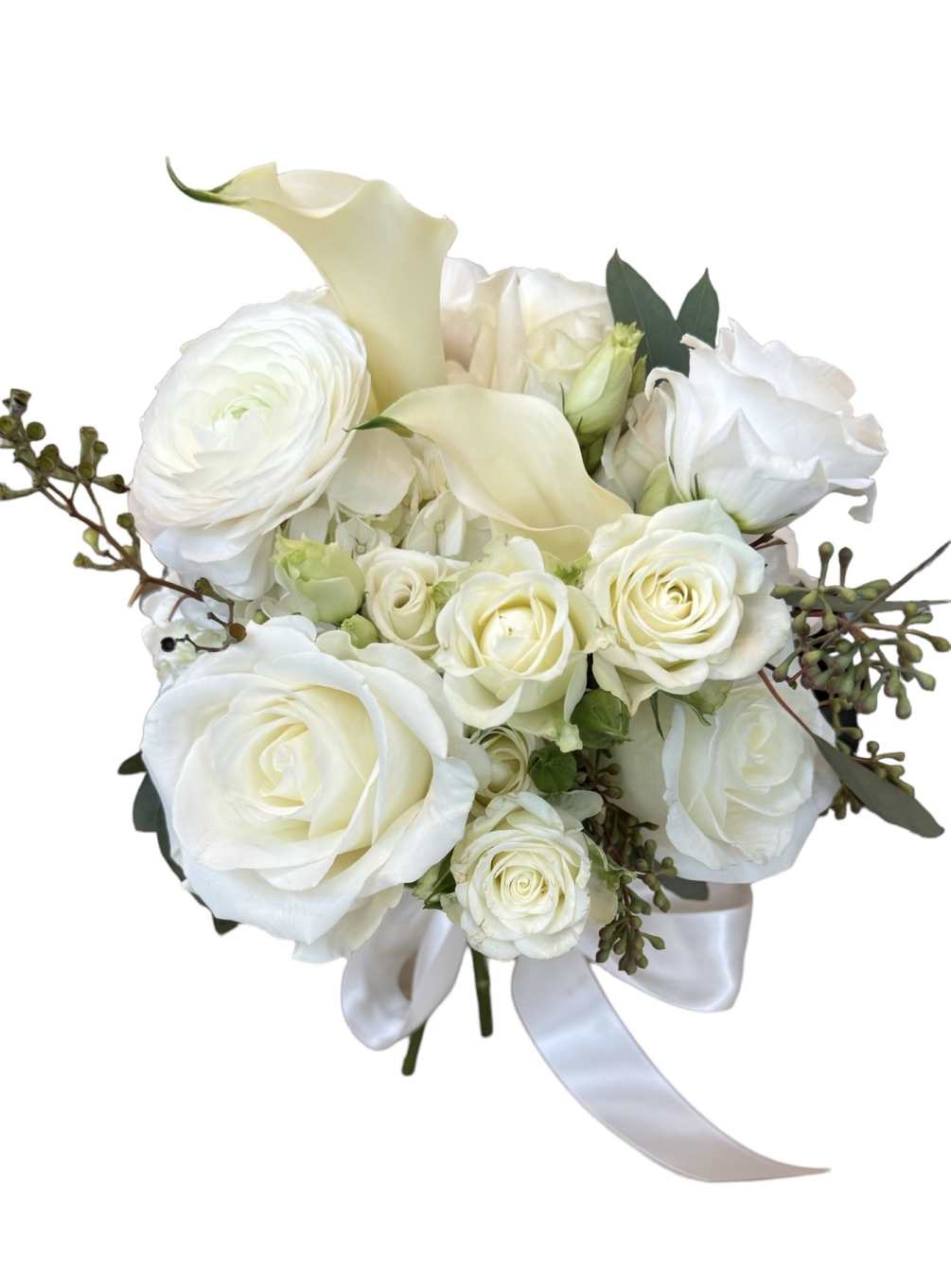 white ranunculus, white hydrangea, white rose, white calla lily, white lisianthus, white