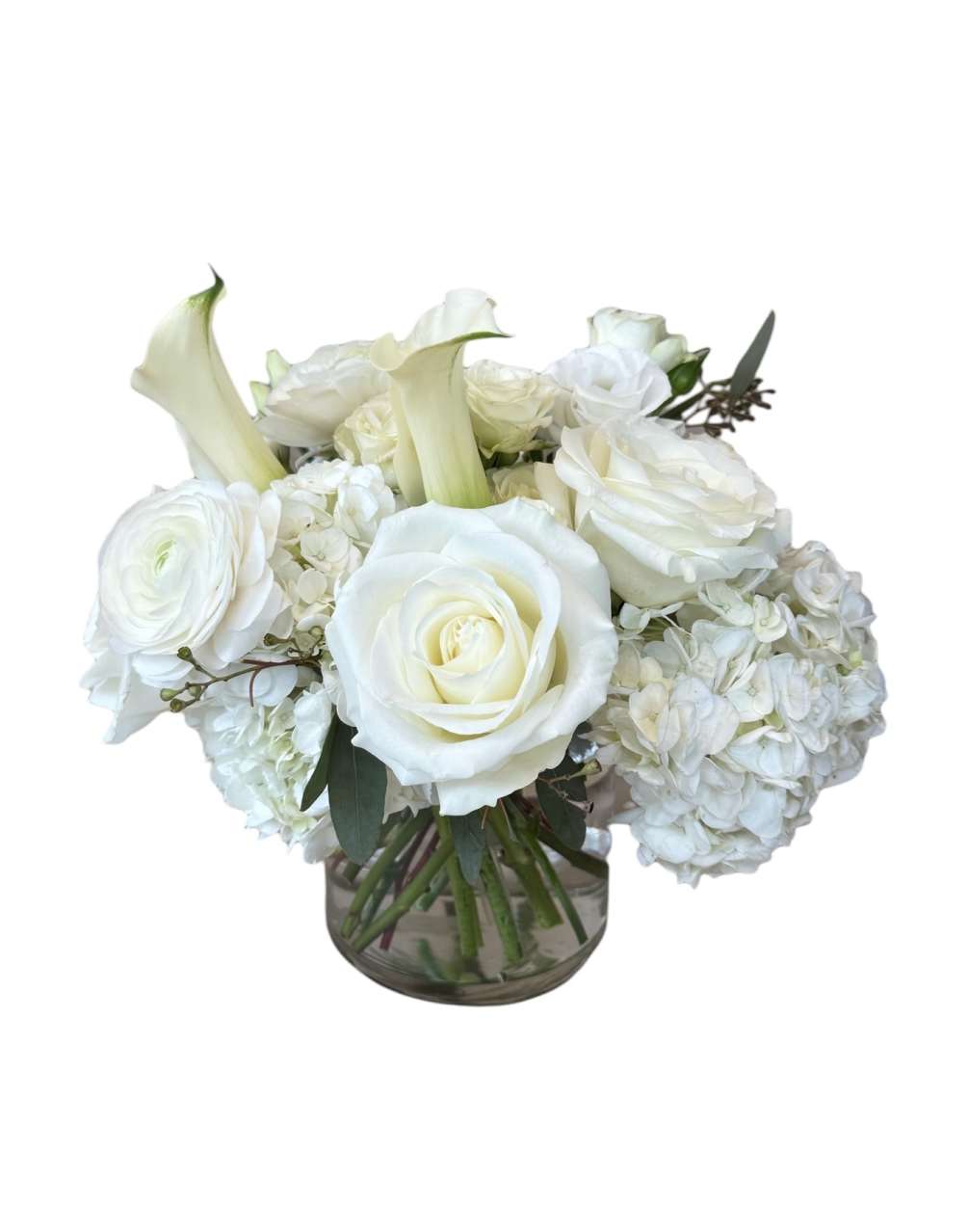 White rose, white hydrangea, white ranunculus, white calla lily and white lisianthus