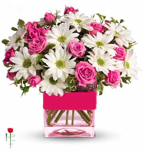 square glass vase, may included white daisies and spray rose with green