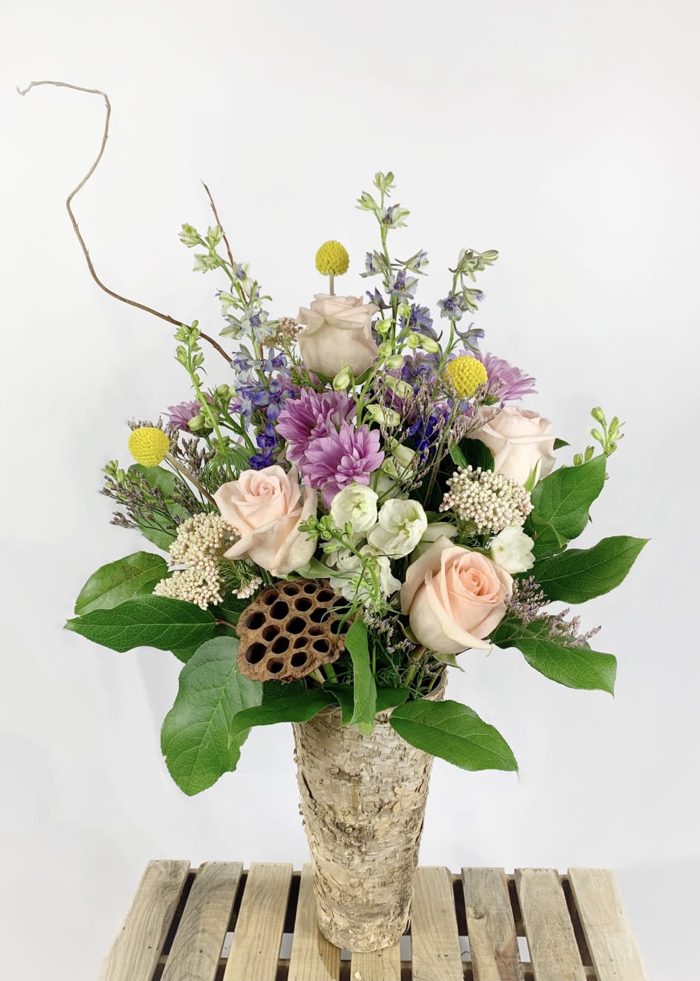 A One-Sided Arrangement. The softest colors of spring in a birch vase!