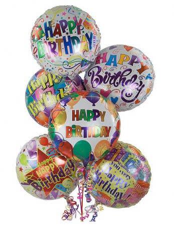 A bright mix of 6 mylar balloons say Happy Birthday!