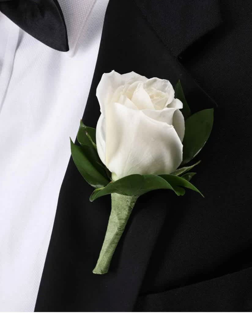 Single White Rose Boutonniere

**Deluxe Option Includes Baby&#039;s Breath
