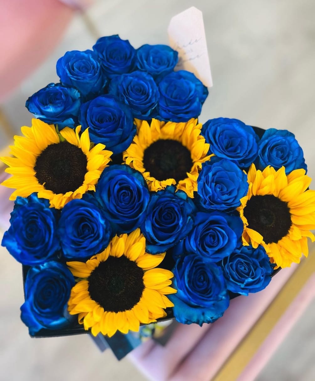 Medium heart box with Ecuadorian blue roses and sunflowers. The perfect gift