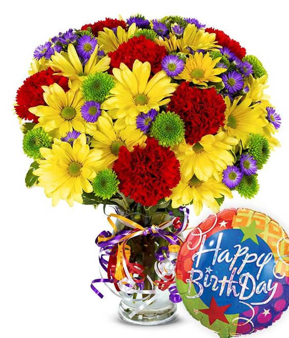 The is a beautiful arrangement with daisies, carnations, and a birthday balloon.