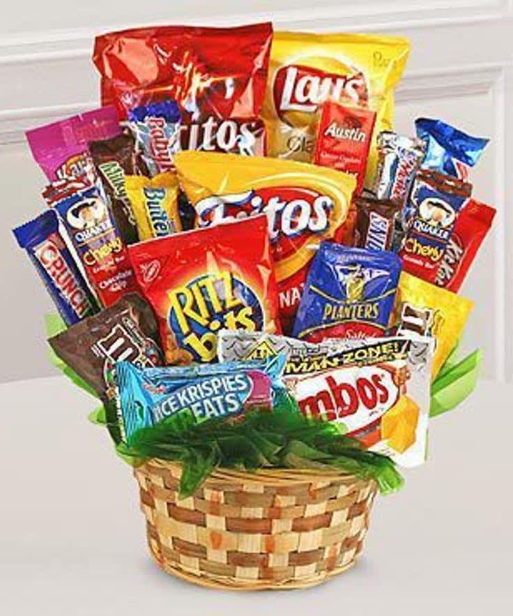 Snack basket full of treats. 