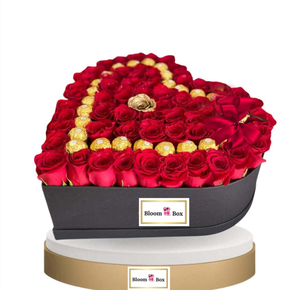 flowers double hear arrangement. included 30-60 natural red roses, 15-30 chocolate Ferrero