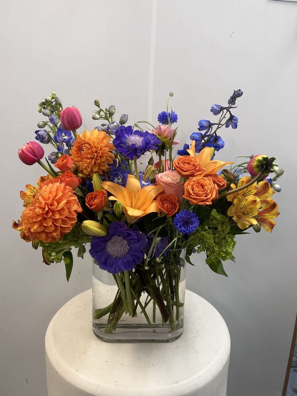 A beautiful complimentary combination of bold oranges and blues. Created in a