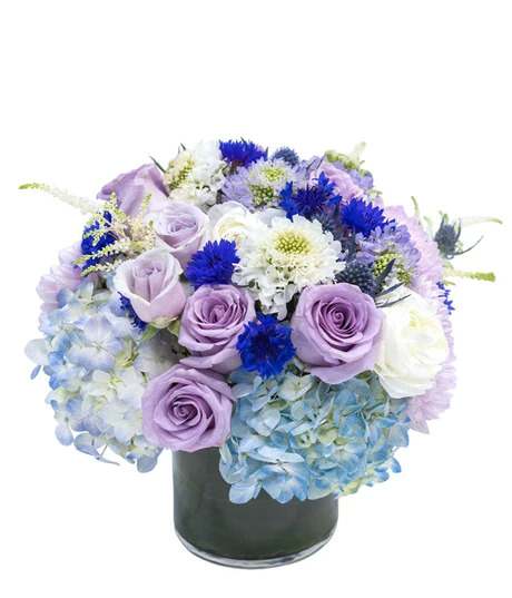 A lovely low and lush design featuring fresh cool-toned blooms in shades