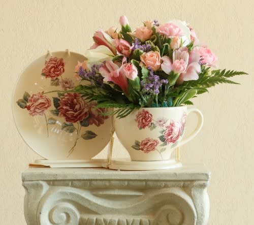 Spray Roses, Alstromeria, Misty in Victorian tea cup.