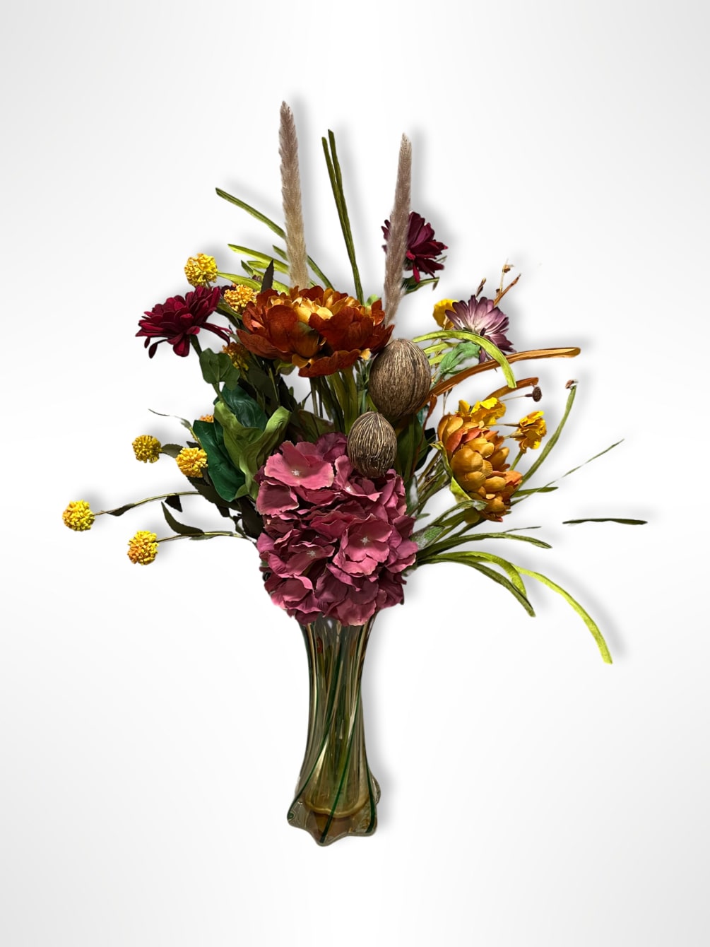Silk Autumn Florals with premium, vintage purple and green spiral glass vase.
