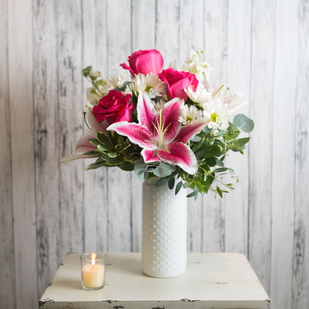 Elegant &amp; bright; this pink and white bouquet of lilies, stock and
