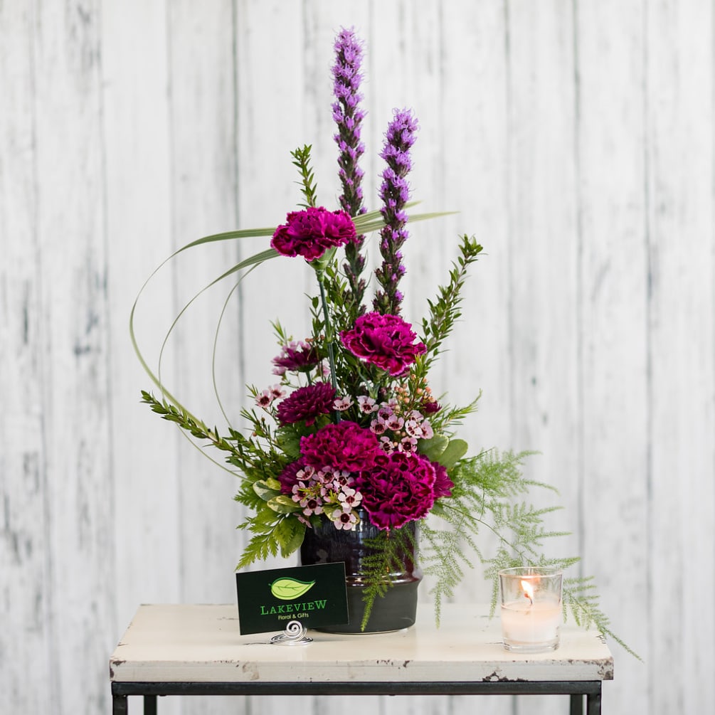Long-lasting blooms in shades of purple are designed in a modern style