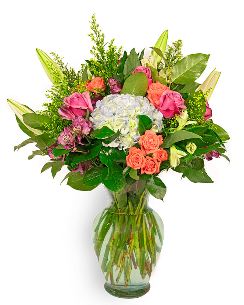 Make her day with this colorful arrangement.  Perfect for Mother&#039;s Day!!
(frontal