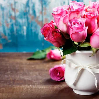 15 Beautiful pink roses in a white ceramic vase.