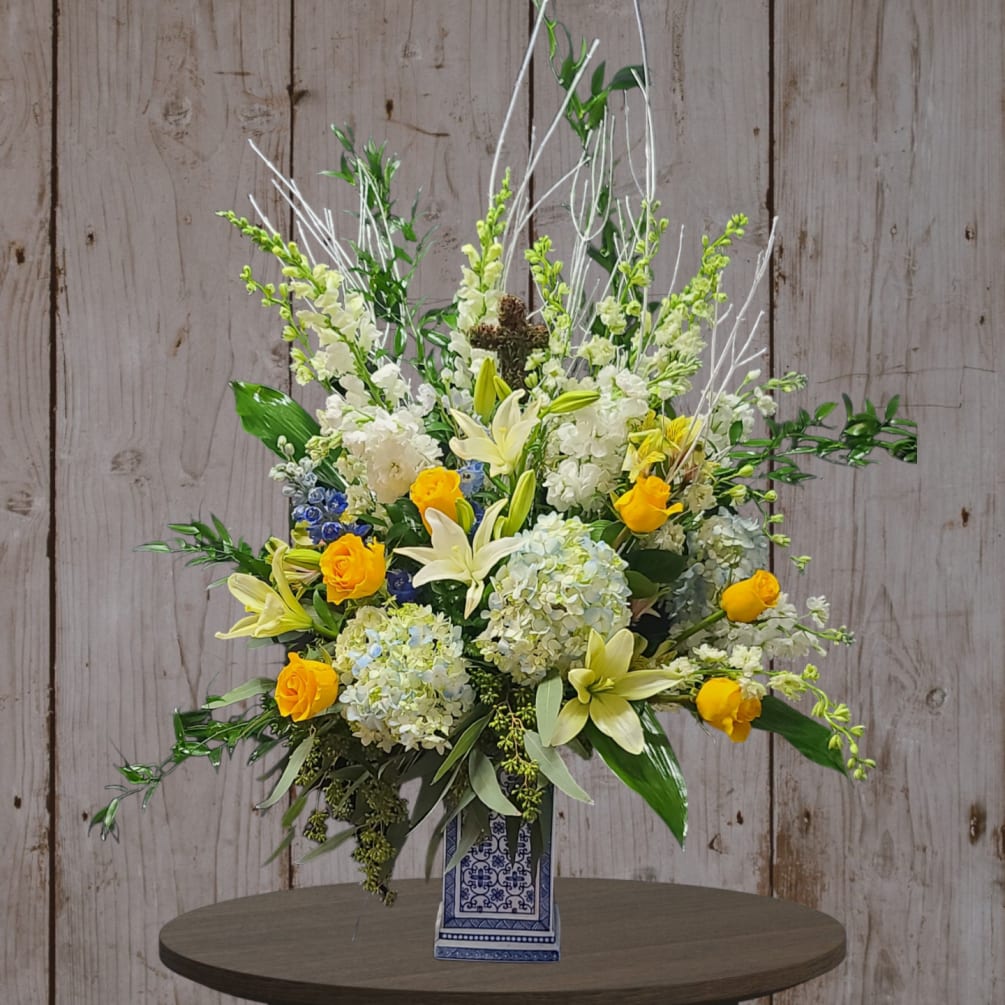 Luxurious blooms in a stunning display of soft white and blue with
