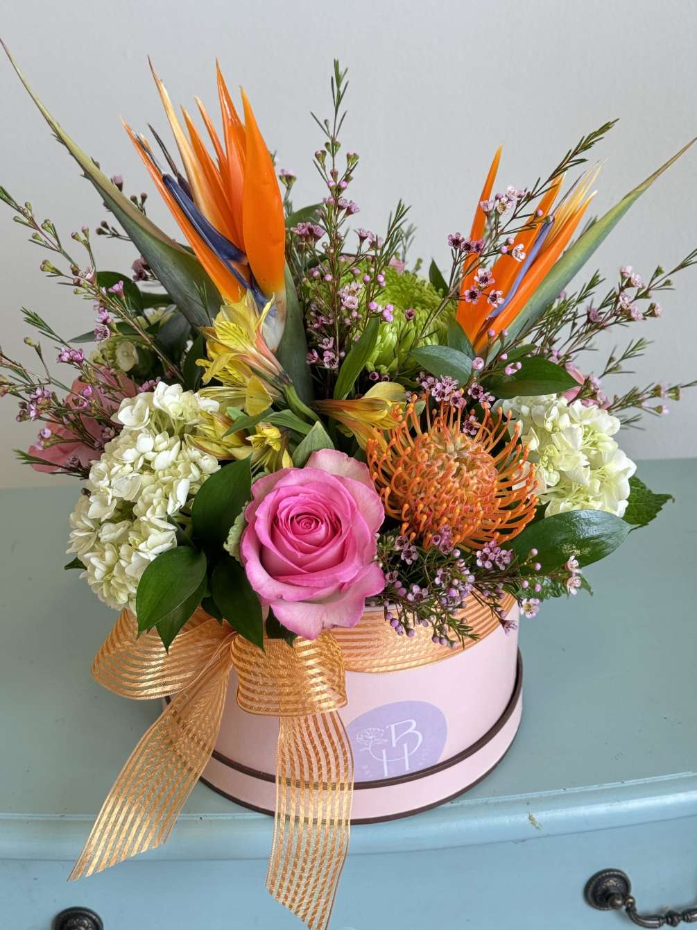 Tropical flowers in a Hat Box