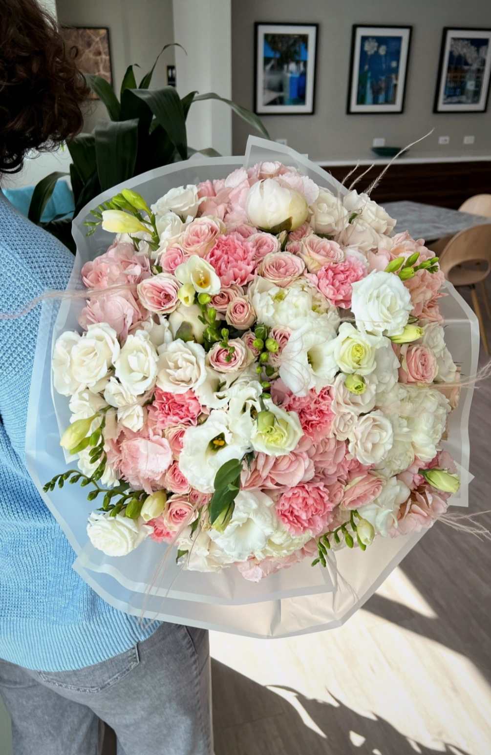 Gorgeous bouquet with hydrangea, peonies, carnation, eustoma, spray roses and freesia
