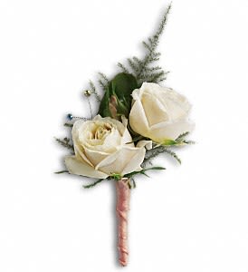 Double Cream-colored roses, with mixed greens , ribbon wrap and gem accent.