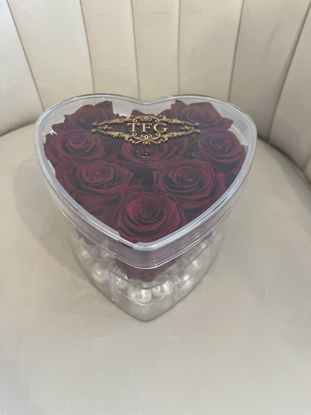 Preserved 9 red roses in acrylic heart shape box. Real roses that
