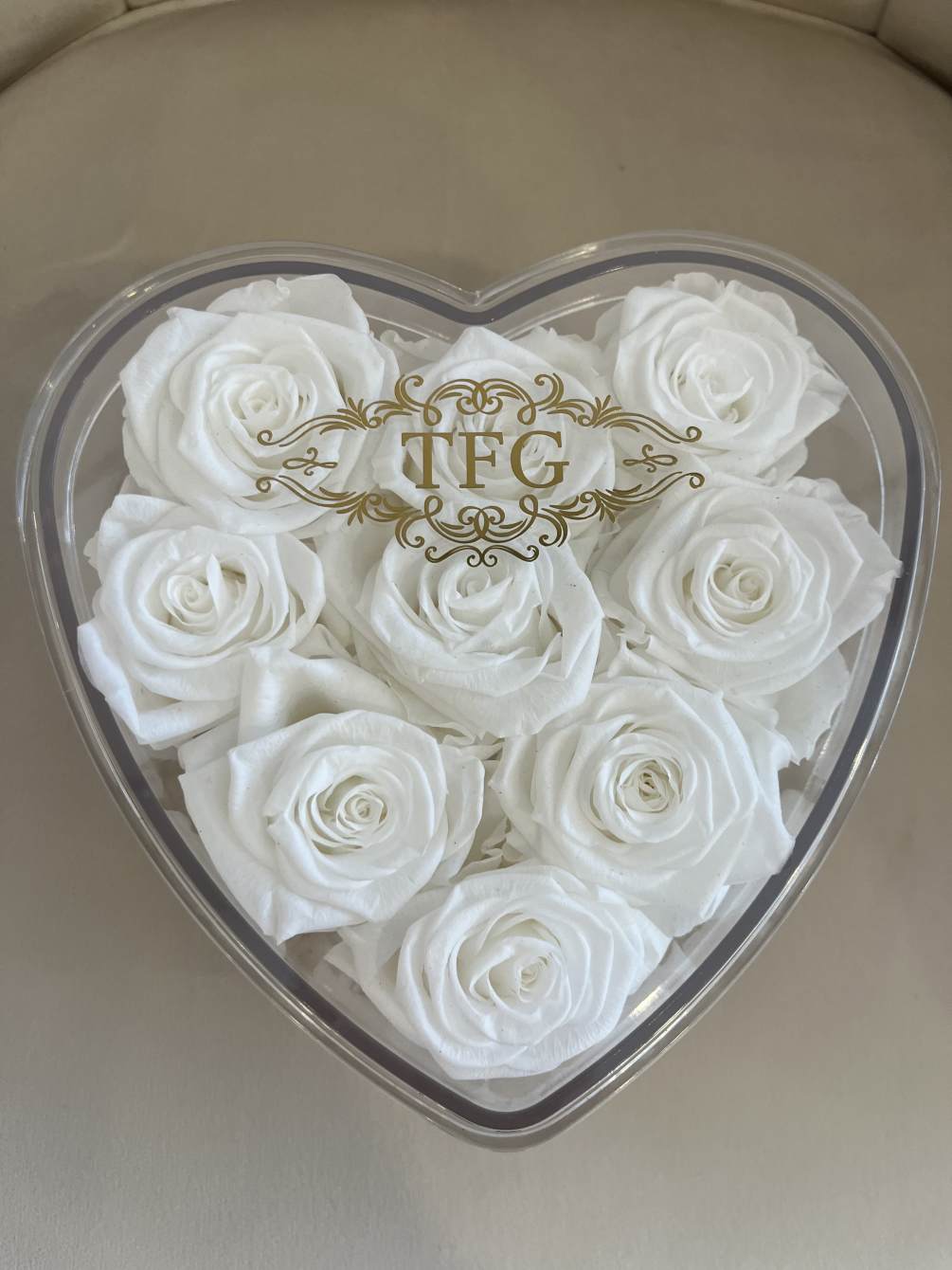 Preserved 9 white roses in acrylic heart shape box. Real roses that