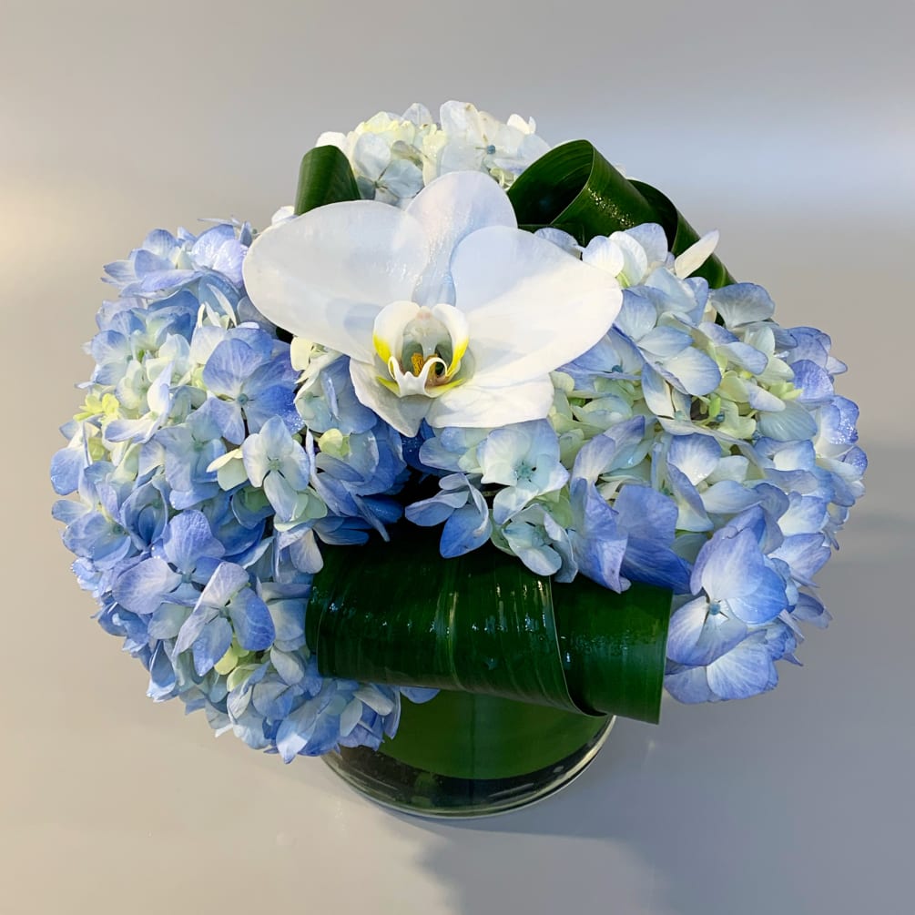 An elegant, summer in Nantucket inspired bouquet designed with fresh deep blue