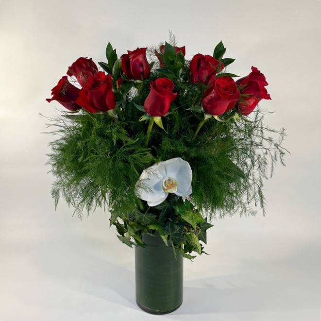 Our signature dozen roses designed with gorgeous soft fern foliage, accents of