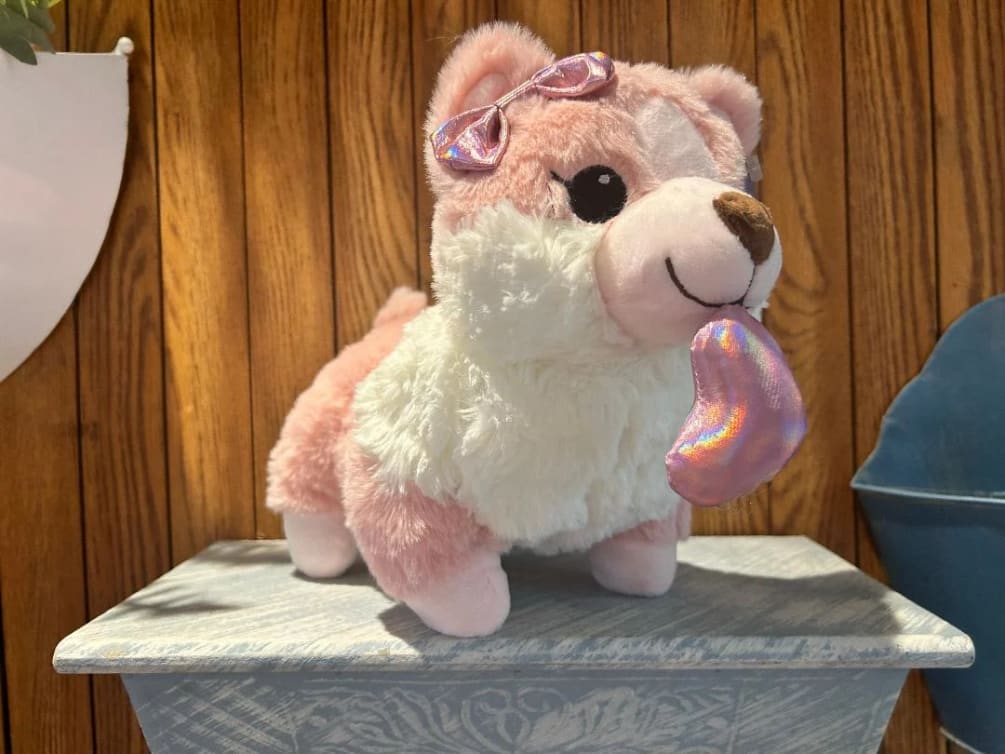 9.5&quot; Pink Corgi. Soft and cuddly with pink heart hanging out of