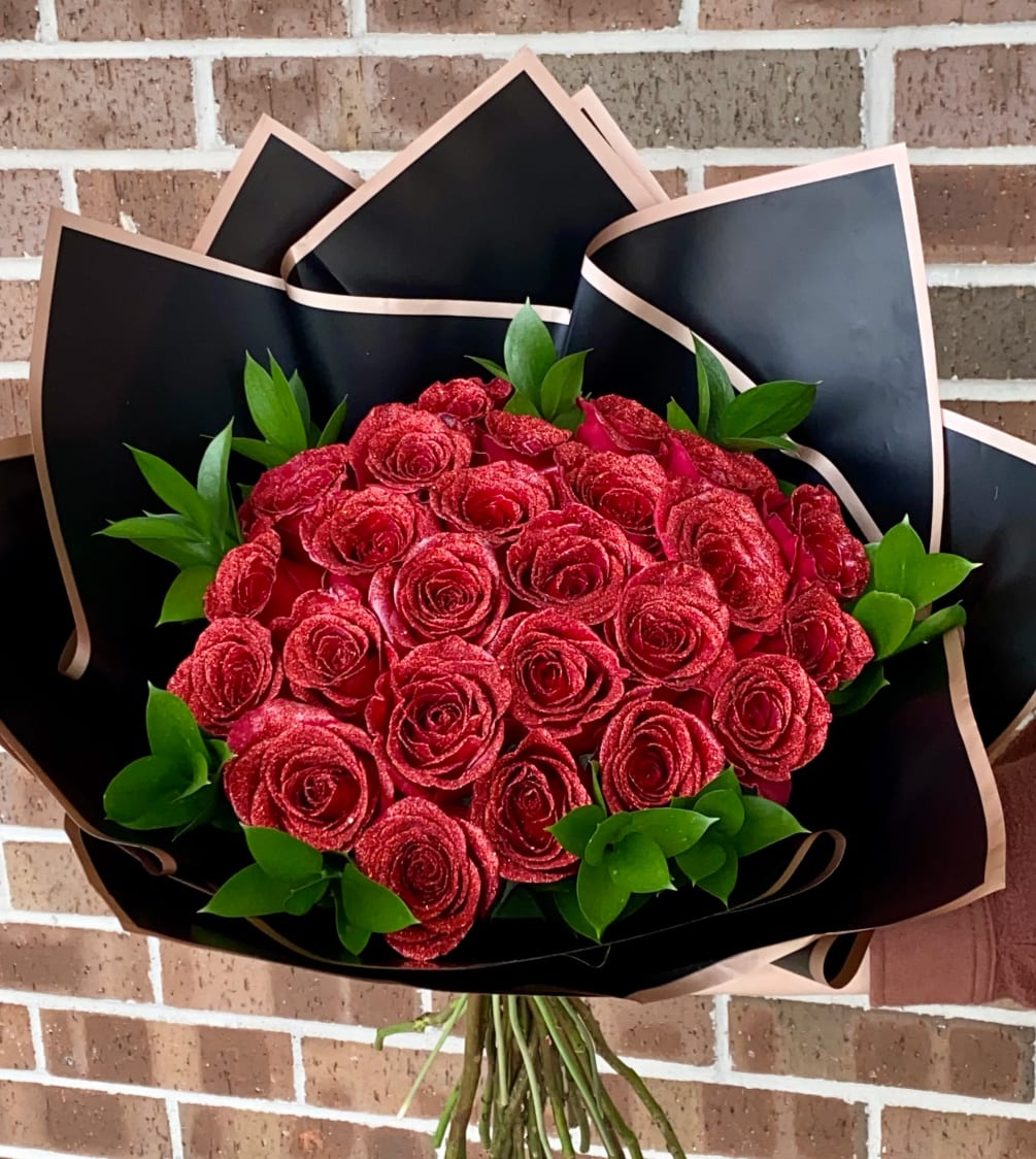 24 Glitter roses wrapped bouquet with your choice of color (let us