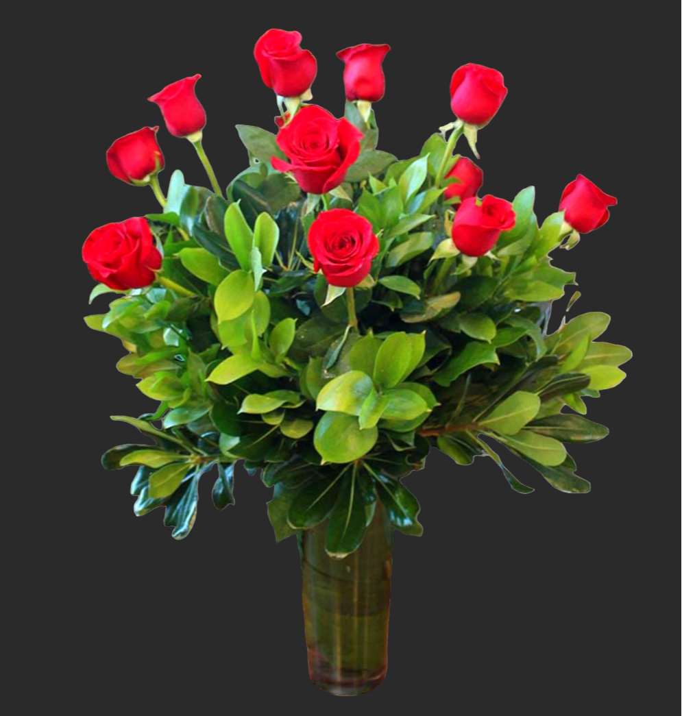 Beautiful long stem red roses in a vase with green fillers. Beautiful