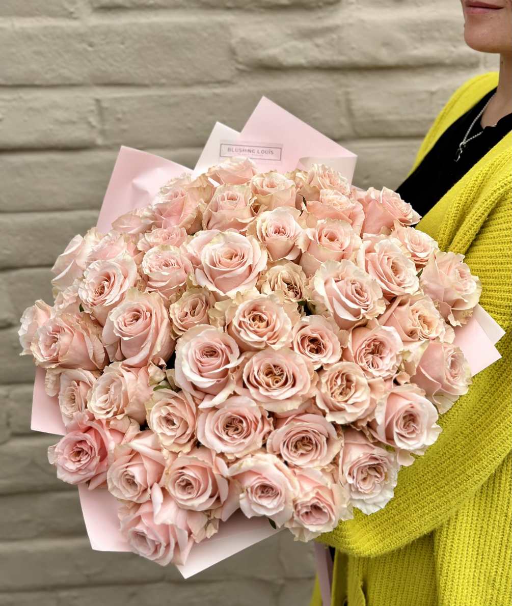 48 Shimmer long-stemmed roses hand-tied and wrapped in a stylish packaging.