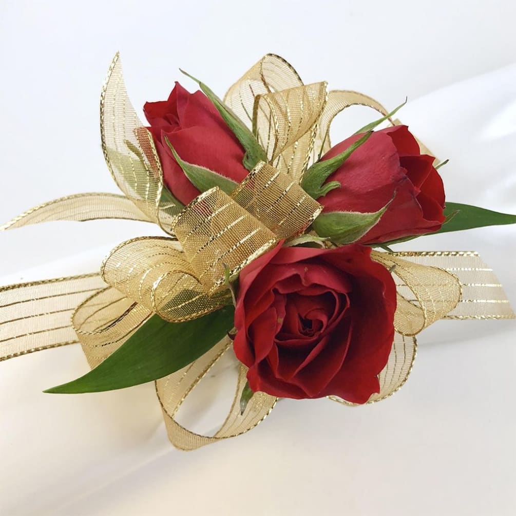 Wrist corsage for proms, dances and more! Red spray roses with italian